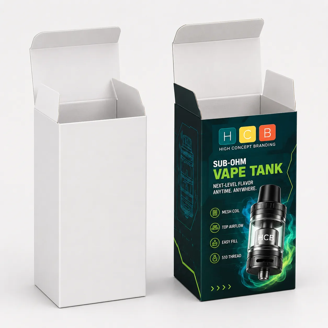 Custom printed cardboard counter display boxes for retail vape tanks shown with a blank white sample.
